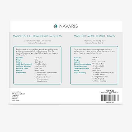 Navaris Magnettafel Magnetboard aus Glas - 90x60 cm Tafel magnetisch zum Beschriften - Magnetwand in Grau - inkl. Magnete Stift Halterung - 7